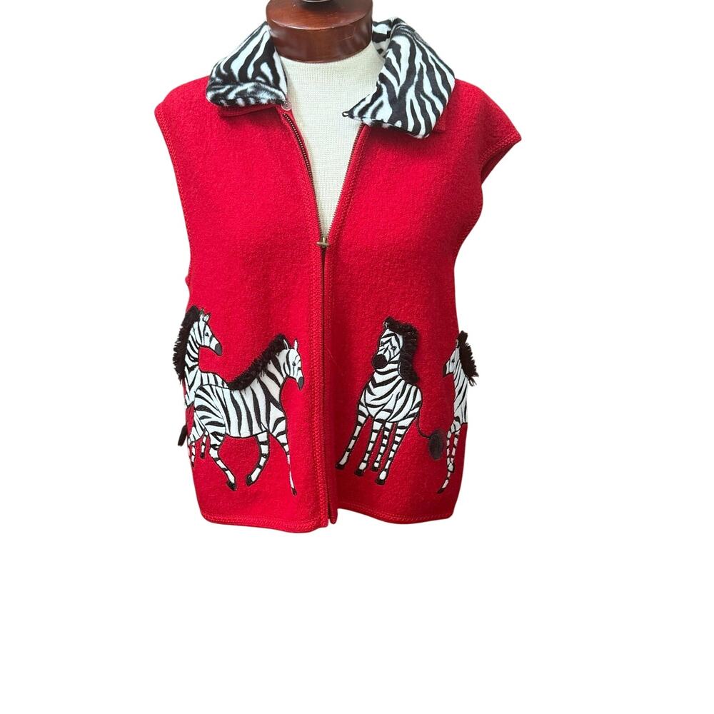 Lisa International Vintage Zebra Boiled Wool Zip Up Vest Size Large